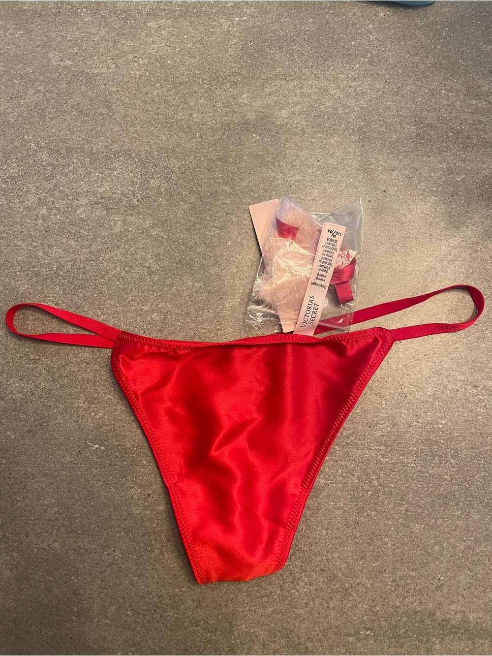 Victoria's Secret Dream Angels Red Satin V String Thong with Pom Pom